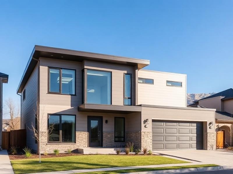 Modern single-family home in Lowry Denver with contemporary architecture and landscaped front yard